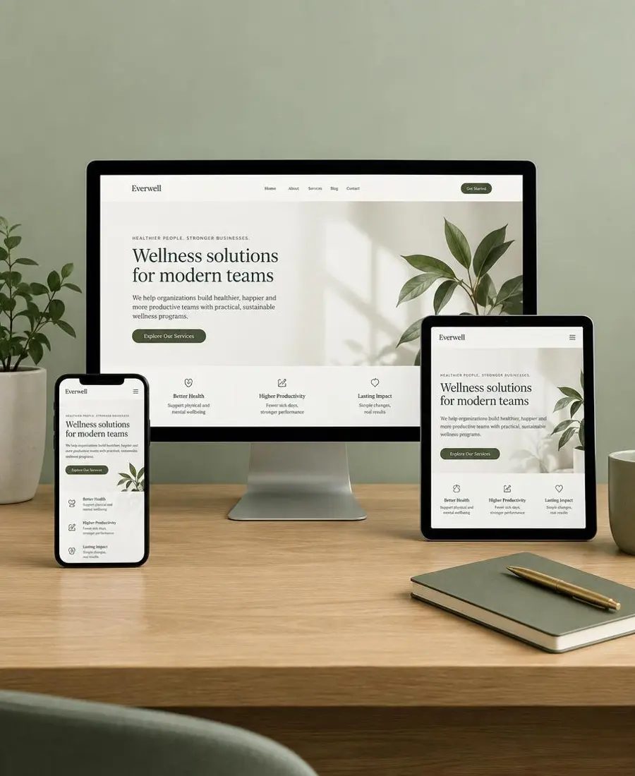 Sitio web gestionado mostrado en escritorio, tablet y móvil