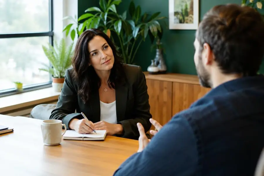 Consultor entrevistando a un dueño de negocios durante el descubrimiento